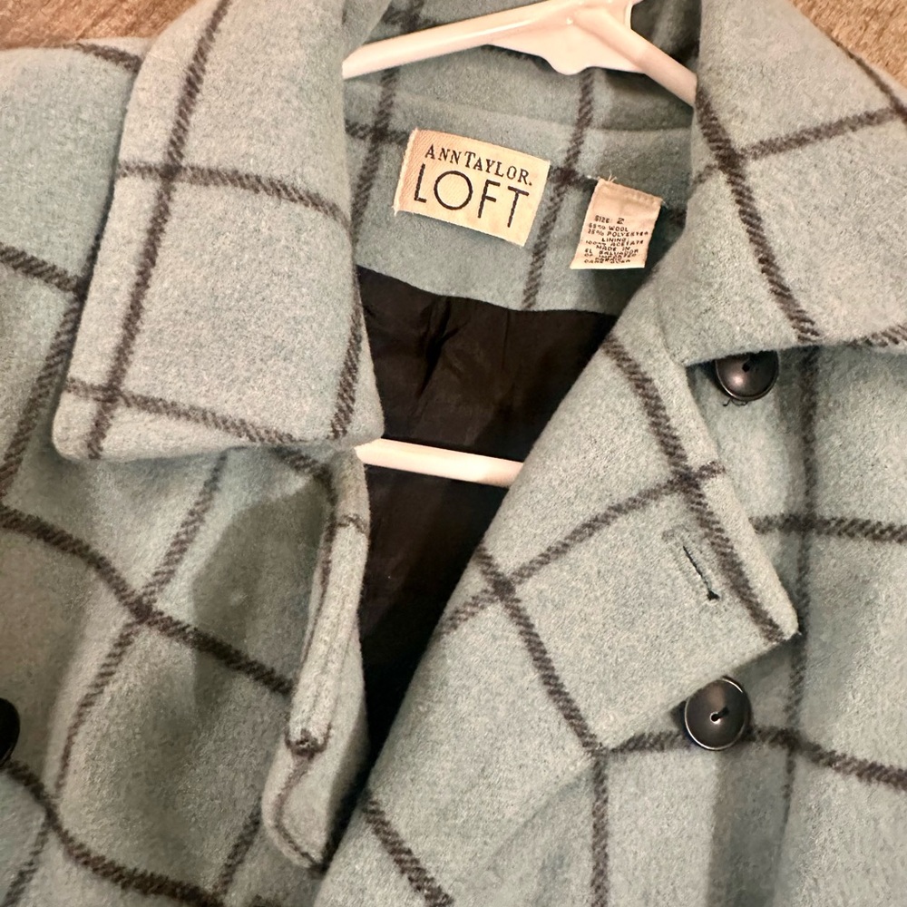 Ann Taylor Women's Teal Plaid Pea Coat Wool Fitted Buttons Classy - Picture 6 of 7